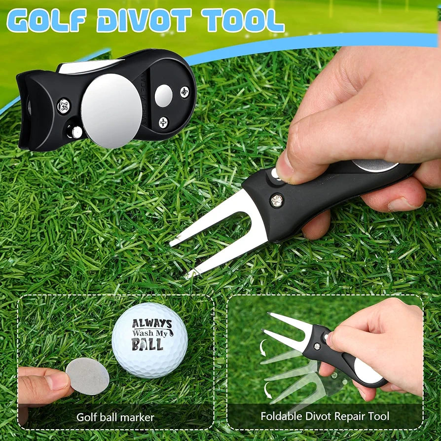 9 Pcs Golf Accessories Kit Golf Club Cleaning Kit Include Microfiber Towel, Cleaner Brush, Ball and Tee Holder, Divot Repair Tool, Ball Bag with Hook for Men Women Gifts