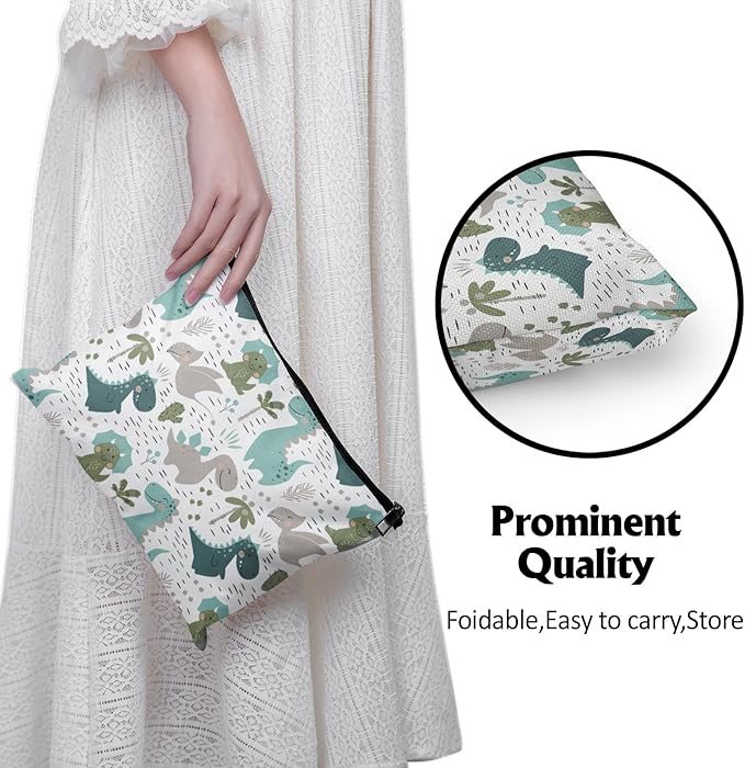 Cafl Cute Dinosaur Makeup Bag Dino Make Up Bag Zipper Cosmetic Pouch Large Toiletry Bag Travel Linen Make Up Organizer for Purse for Women 10×8Inch
