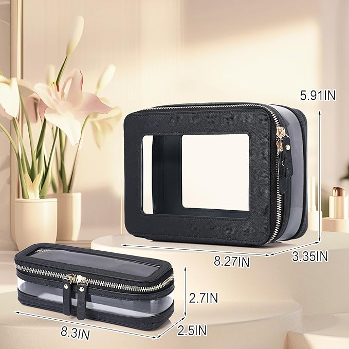Travel Clear Makeup Bag with Brush Case TSA Approved Toiletry Bag Waterproof Cosmetic Organizer Car Essential for Women (Black, M+SLIM)