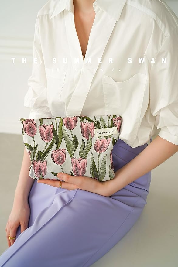 The Summer Swan | Large Aesthetic Makeup Bag Floral Mid-day Clutch Period Kit Hygiene Skincare Cute (Burgundy Tulip)