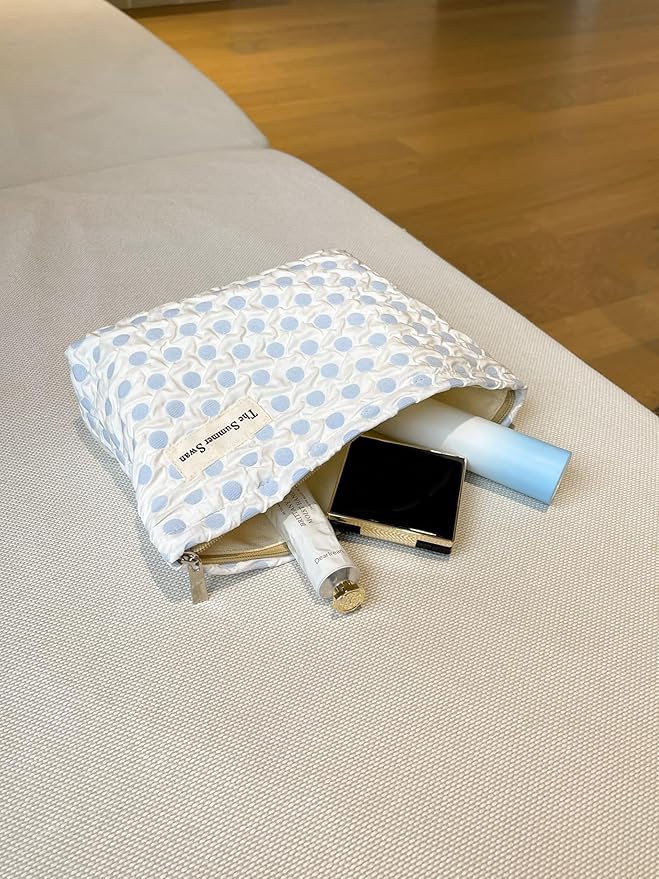 The Summer Swan | Large Aesthetic Makeup Bag | Floral Makeup Bag | Mid-day Clutch | Period Kit Bag | Hygiene Bag | Skincare Bag | Cute Makeup Bag (Polka Dots Blue)