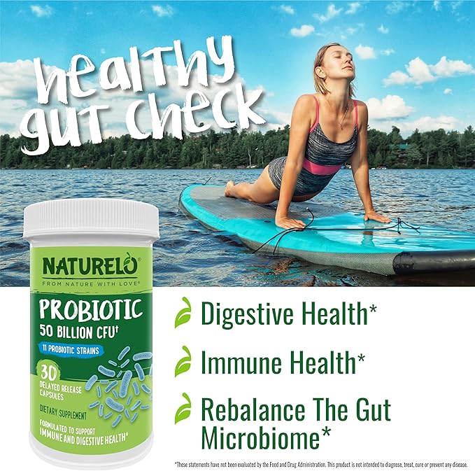 NATURELO Probiotics for Digestive Health - 50 Billion CFU, 11 Strains Daily Supplement - Boosts Immune System, Delayed Release, 30 Vegetarian Capsules