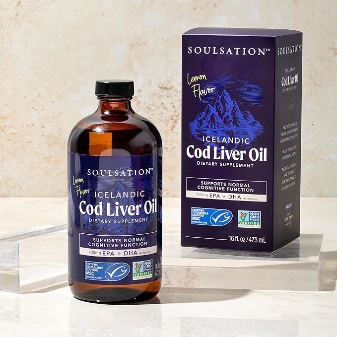 Icelandic Cod Liver Oil Liquid, Lemon (16oz) - Vitamins A & D, EPA & DHA - Helps Vision, Skin Membranes & Immune Function - MSC Certified, Non-GMO