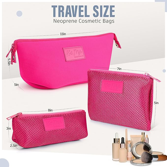 Kat Myhr Neoprene Washable Travel Makeup & Cosmetic Bag Set, 2 Air Mesh Pouches,100% Neoprene Toiletry Bag, Large Water Resistant Travel Bag for Toiletries, Makeup Cosmetic Travel Bag (Fuchsia Pink)