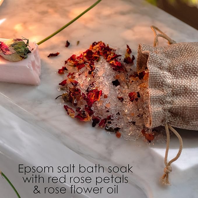 Natural Spa Gift Set for Women, Luxury Bath Set with Rose Bath Salt, Non Toxic Wax Melts and Rose Body Butter – Perfect as New Mom Gifts, Stress Relief Gifts, Gift Box for Women, Self Care Kit