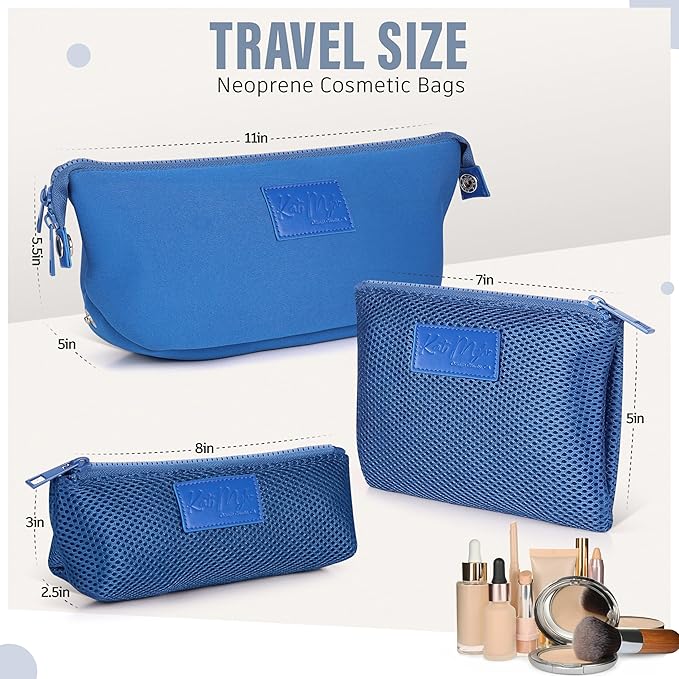 Kat Myhr Neoprene Washable Travel Makeup & Cosmetic Bag Set, 2 Air Mesh Pouches,100% Neoprene Toiletry Bag, Large Water Resistant Travel Bag for Toiletries, Makeup Cosmetic Travel Bag (Royal Blue)