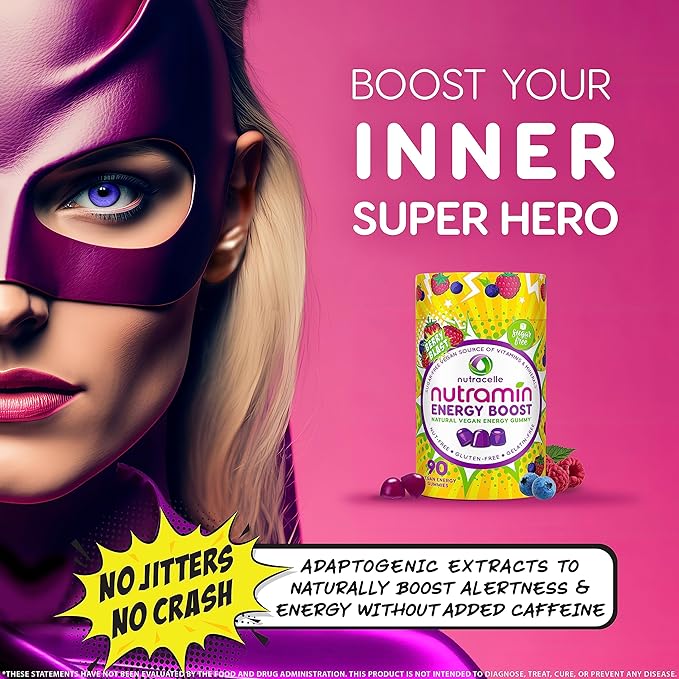 NUTRAMIN Energy Boost Vitamin Gummy - Skip The Coffee & Boost Your Energy, Caffeine-Free, Sugar-Free, Vegan, B12, Green Tea, Ashwagandha, Garcinia Cambogia, Raspberry Adaptogen - 90 ct