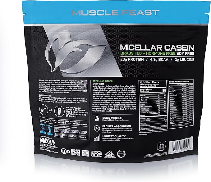 Muscle Feast Micellar Casein Protein, All Natural Pasture Raised Hormone Free Soy Free, Unflavored, 4lb