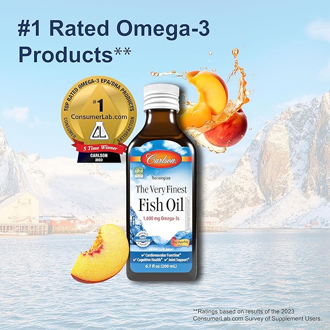 Carlson - The Very Finest Fish Oil, 1600 mg Omega-3s, Liquid Fish Oil Supplement, Norwegian Fish Oil, Wild-Caught, Sustainably Sourced Fish Oil Liquid, Just Peachie, 200 mL (6.7 Fl Oz)
