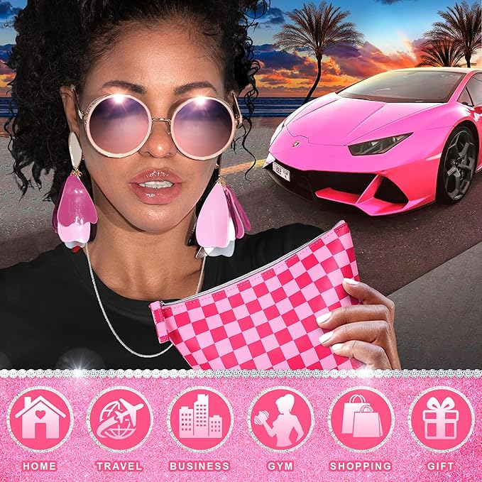 Vegan Leather Checkered Makeup Bag - Cute Girly Pink Cosmetic Bag Zipper Pouch Travel Toiletry Make Up Bag Accessories - Checker Gift for Best Friends Girls Women Mom Sister Christmas Gifts Stuff