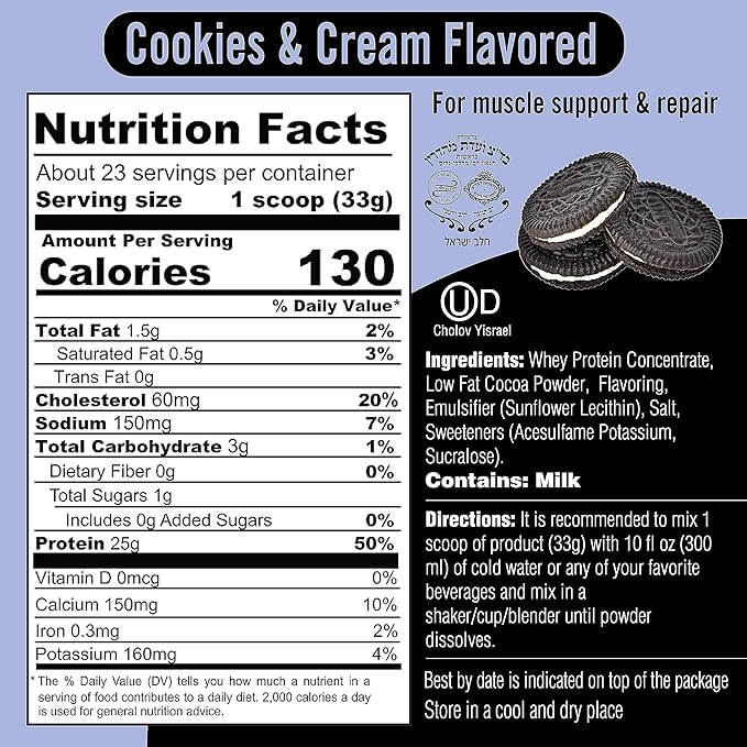 Cookies and Cream Protein Powder Shake, Whey Protein Powder Cookies & Cream Post Workout Recovery, Gluten Free, Sugar Free, Highly Kosher, 25g Protein, 5.5g BCAA, 1.65lb