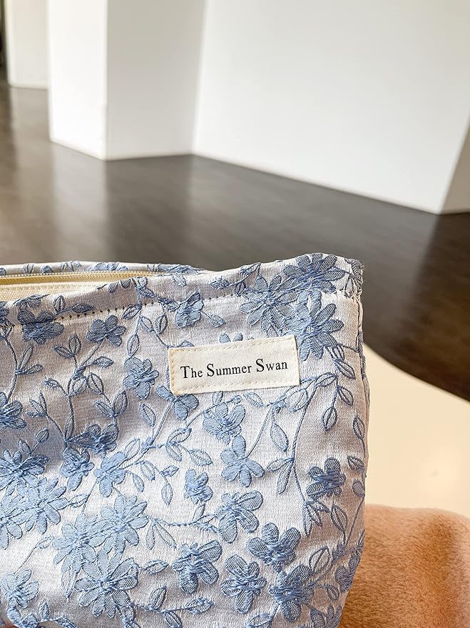 The Summer Swan | Floral Cosmetic Bag|Large Aesthetic Makeup Bag Travel Personal Item Preppy Pouch Skincare (Embroidery Blue)