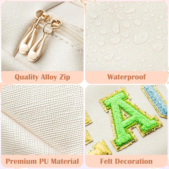 CY2SIDE Colorful TEACH Letter Patch Makeup Bag Shell Gold PU Leather Patch Cosmetic Bag with TEACH Chenille Letter for Travel Waterproof Portable Zipper Travel Organizer for Teacher Appreciation Gifts