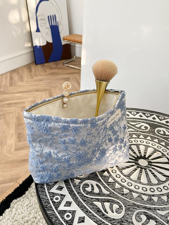 The Summer Swan | Floral Cosmetic Bag|Large Aesthetic Makeup Bag Travel Personal Item Preppy Pouch Skincare (Embroidery Blue)