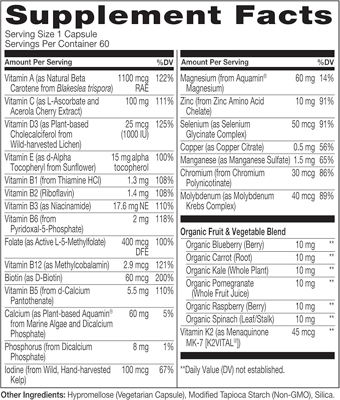 NATURELO Mens Multivitamins for Men 50+ - One Daily Multivitamin for Men with Vitamins, Minerals & Organic Whole Foods Non-GMO, 60 Vegetarian Capsules