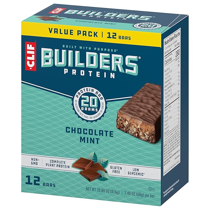 CLIF Builders - Chocolate Mint Flavor - Plant Based Protein Bars - Gluten Free - Non-GMO - Low Glycemic - 20g Protein - 2.4 oz. (12 Pack)