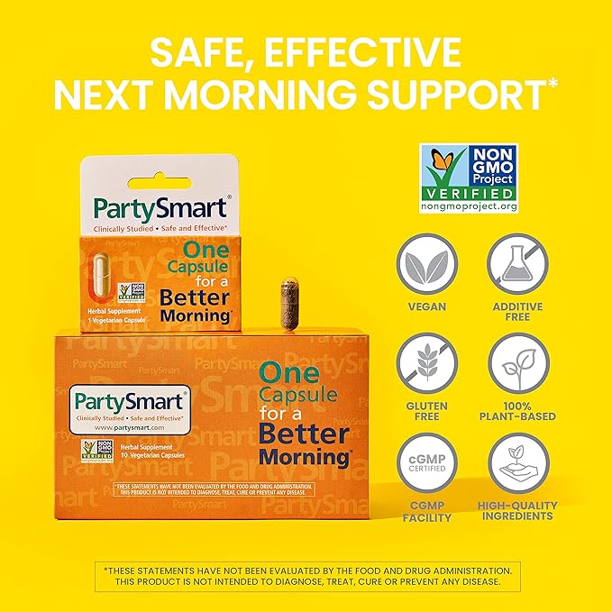 Himalaya PartySmart, One Capsule for a Better Morning After Drinking, Plant Based, Liver Support, Alcohol Breakdown, Clinically Studied, Non-GMO, Herbal Supplement, 10 Capsules
