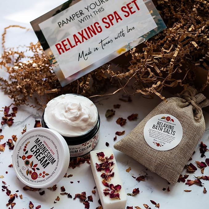 Natural Spa Gift Box, Self Care Kit for Women - Chamomile Bath Salts, Vanilla Rose Magnesium Cream, Non-Toxic Soy Wax Melts - Mother's Day Gift, Easter Basket for Women, Pregnancy Box