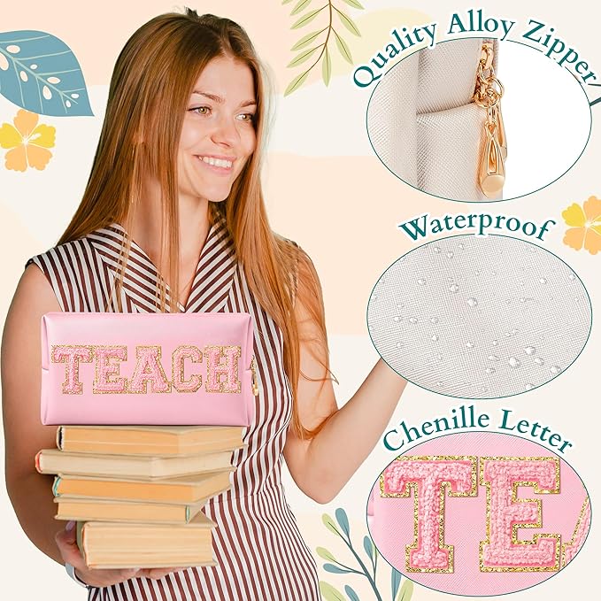 CY2SIDE TEACH Letter Makeup Bag - Pink TEACH Chenille Letter Patch Cosmetic Bag Pink PU Leather Patch Travel Pouch Waterproof Portable Zipper Travel Organizer for Teacher Appreciation Gifts Xams Gift