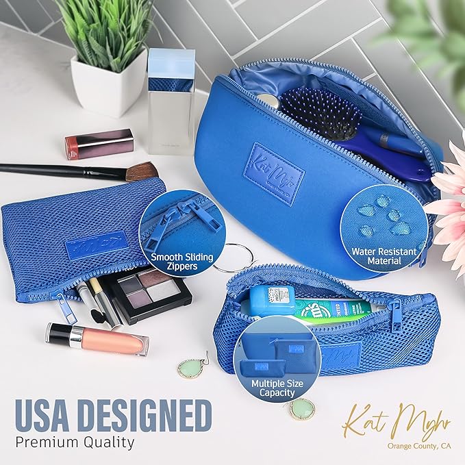 Kat Myhr Neoprene Washable Travel Makeup & Cosmetic Bag Set, 2 Air Mesh Pouches,100% Neoprene Toiletry Bag, Large Water Resistant Travel Bag for Toiletries, Makeup Cosmetic Travel Bag (Royal Blue)