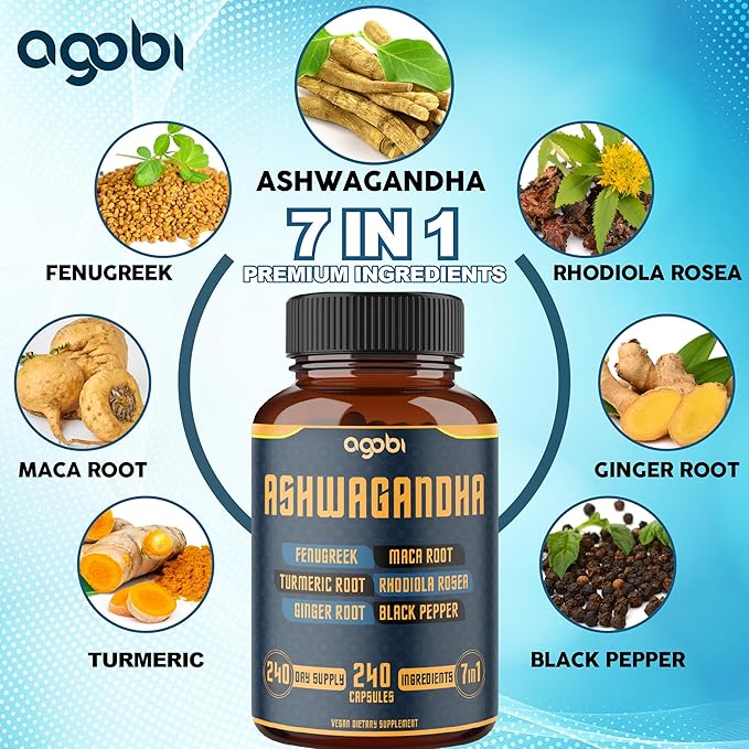 240 Capsules - 8 Month Supply - 7in1 Ashwagandha 8050mg - Combined with Fenugreek, Maca, Turmeric, Rhodiola, Ginger, and Black Pepper - Mood, Strength, Spirit and Energy Support Supplement