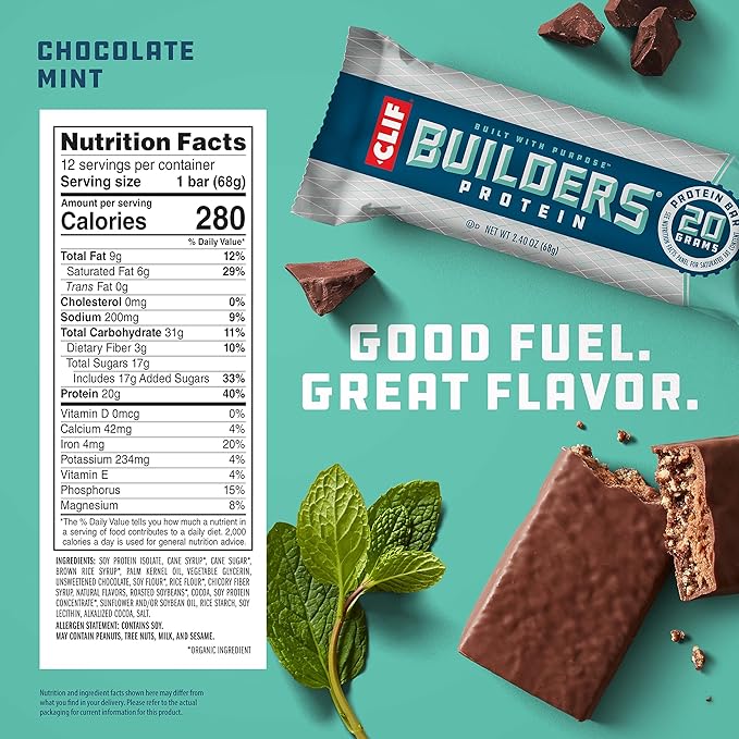 CLIF Builders - Chocolate Mint Flavor - Plant Based Protein Bars - Gluten Free - Non-GMO - Low Glycemic - 20g Protein - 2.4 oz. (12 Pack)