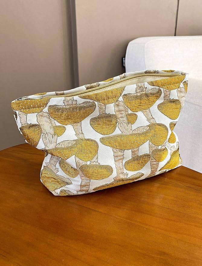 The Summer Swan | Floral Cosmetic Bag|Large Aesthetic Travel Makeup and Personal Item Pouch For Purse | Skincare Bag (Mushroom Yellow)