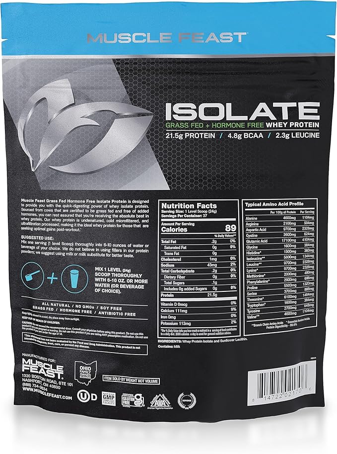 Muscle Feast Grass-Fed Whey Protein Isolate, All Natural Hormone Free Pasture Raised, Unflavored, 2lb