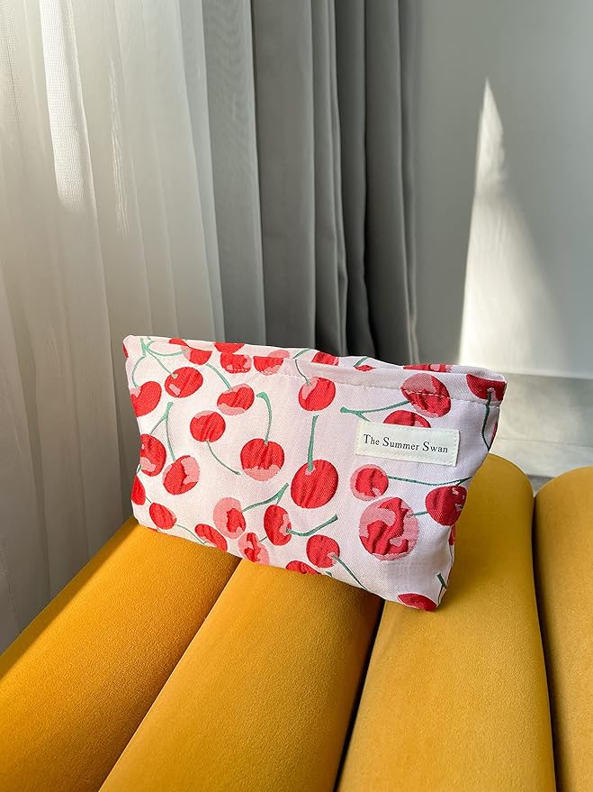 The Summer Swan | Large Aesthetic Makeup Bag | Preppy Skincare Organizer | Floral Mid-day Clutch | Period Kit Hygiene Bag (Classic Red Cherry)