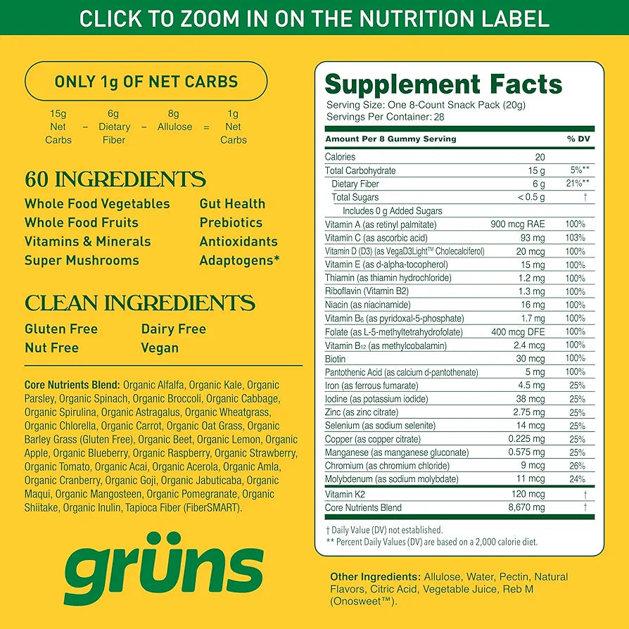 Gruns Adult Sugar-Free Super Greens Gummies, Superfood Gummy Bears with Spirulina, Chlorella, Fiber & Prebiotics for Digestive Health, Adaptogens Supplement with 20 Vitamins & Minerals, 28 Packets