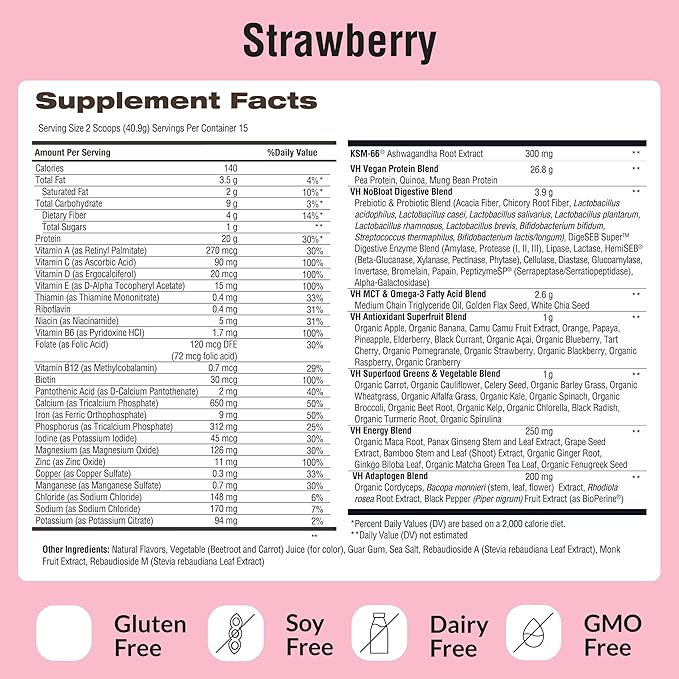 VitaHustle ONE - Superfood Meal Replacement Shake, Plant Based Protein Powder, Vegan. 86 Superfoods, Vitamins, & Minerals, Ashwagandha, Adaptogens. Founded by Kevin Hart. (Strawberry) 15 Servings