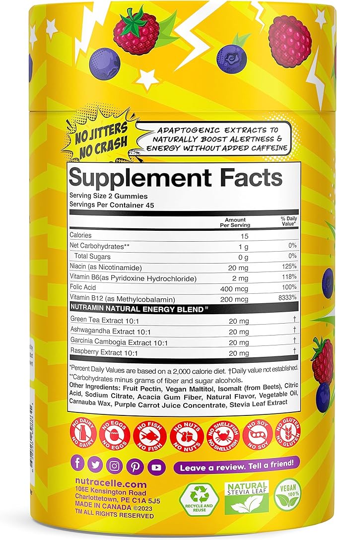 NUTRAMIN Energy Boost Vitamin Gummy - Skip The Coffee & Boost Your Energy, Caffeine-Free, Sugar-Free, Vegan, B12, Green Tea, Ashwagandha, Garcinia Cambogia, Raspberry Adaptogen - 90 ct