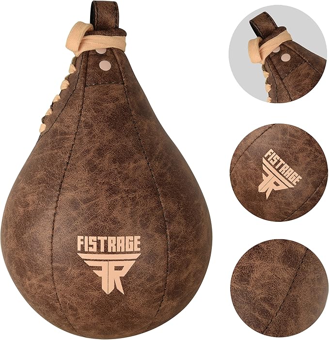 FISTRAGE Speed Bag Boxing Ball Leather MMA Muay Thai Training Punching Dodge Striking Kit with Free Hanging Swivel Workout Speedball Kicking Platform Equipment