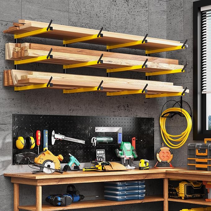 GREENER Lumber Storage Rack Folding Wood Storage Racks Wall-Mounted Metal Racks for Storage with 3-Level Heavy Duty Garage Wood Organizer for Woodworking Shop Indoor & Outdoor Use, 4 pairs,Yellow