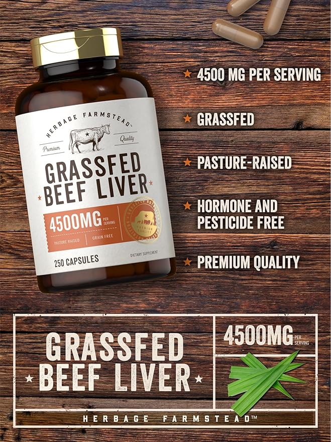 Carlyle Grass Fed Beef Liver Capsules 4500mg | 250 Count | Desiccated Supplement | Non-GMO, Gluten Free | by Herbage Farmstead