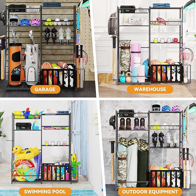 HOMREST Sports Equipment Storage,2 Golf Bag Storage Stand, Ball Holder, Garage Sports Organizer with Basket and Hooks, Sports Ball Storage for Toy Sports Gear Storage, Black