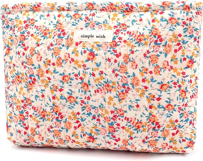 Cotton Quilted Makeup Bag for Women Coquette Floral Cosmetic Bag Cute Zipper Cloth Makeup Pouch for Purse Trendy Aesthetic Orange Flower Makeup Bag Travel Skincare Toiletry Bag Organizer