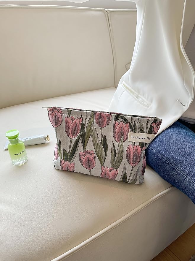 The Summer Swan | Large Aesthetic Makeup Bag Floral Mid-day Clutch Period Kit Hygiene Skincare Cute (Burgundy Tulip)