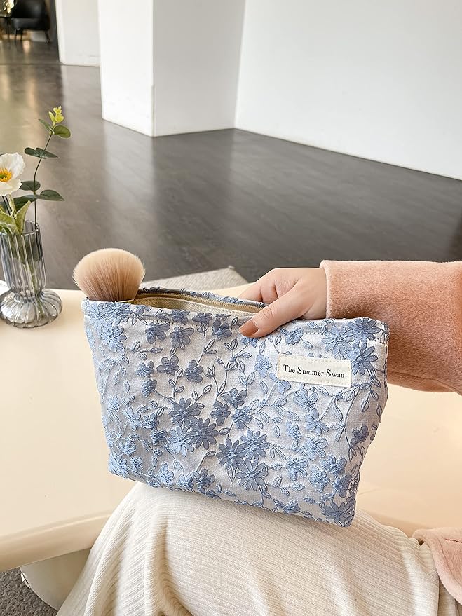 The Summer Swan | Floral Cosmetic Bag|Large Aesthetic Makeup Bag Travel Personal Item Preppy Pouch Skincare (Embroidery Blue)