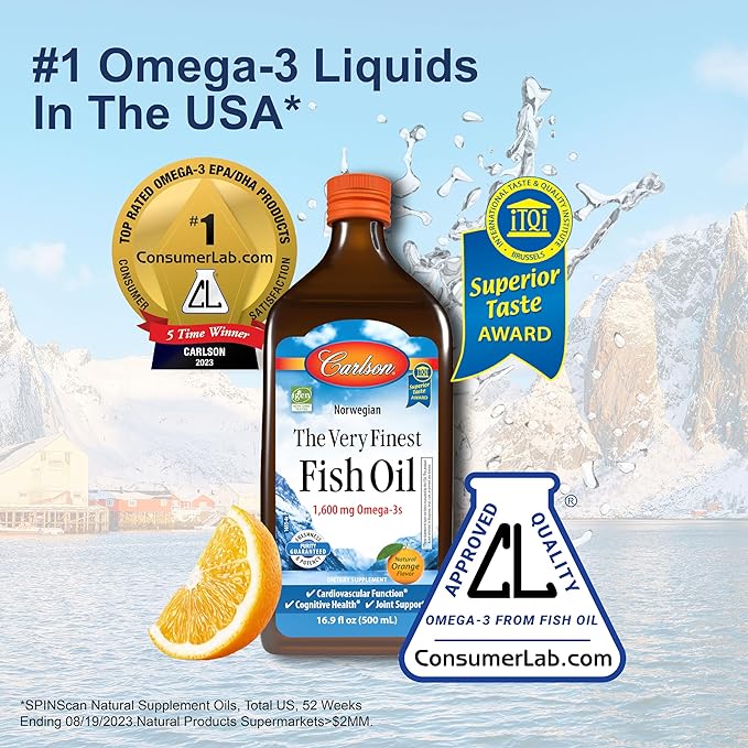 Carlson - The Very Finest Fish Oil, 1600 mg Omega-3s, Liquid Fish Oil Supplement, Norwegian Fish Oil, Wild-Caught, Sustainably Sourced Fish Oil Liquid, Orange, 16.9 Fl Oz