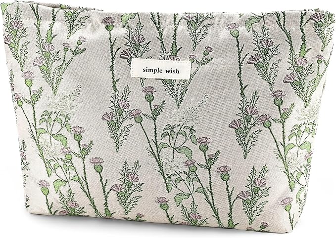 Flower Makeup Bag Travel Large Cosmetic Bag for Women Cute Leaf Makeup Pouch Zipper Cosmetic Pouch for Purse Aesthetic Green Floral Skincare Organizer Portable Toiletry Bag