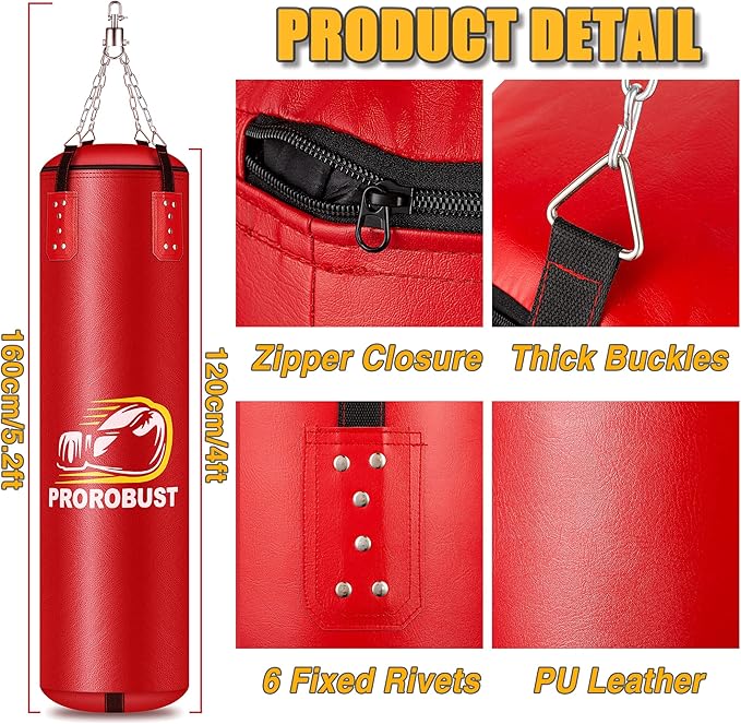 Prorobust Punching Bag for Adults, 4ft PU Heavy Boxing Bag Set with 12OZ Gloves for MMA Kickboxing Boxing Karate Home Gym Training (Unfilled)