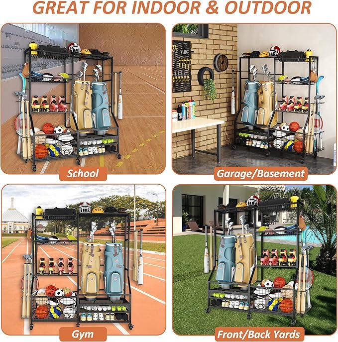 Gadroad Sports Equipment Organizer, Ball Rack, Gear & Ball Storage - Garage Organizer with Baskets, Hooks & Rolling Cart - Black