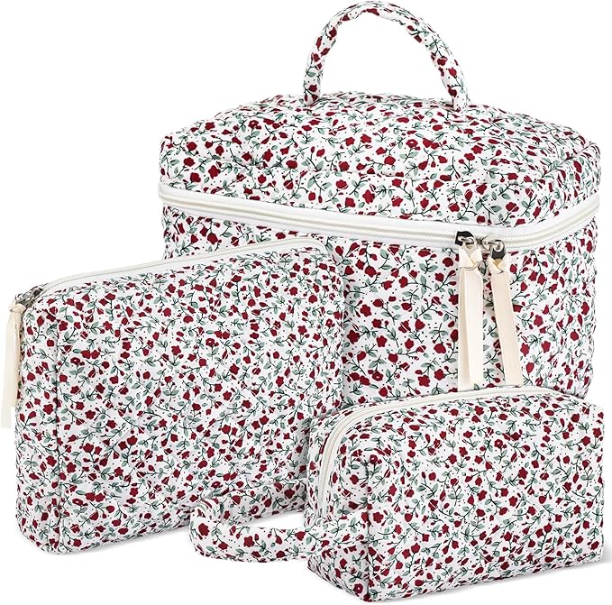 Paterr 3 Pieces Cotton Quilted Makeup Bag Set Coquette Cosmetic Bag Aesthetic Travel Toiletry pouch Cute Pouch Kawaii Aesthetic for Women(Red,Red Floral)