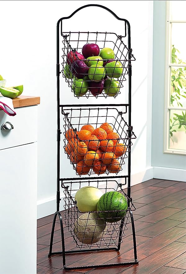 Gourmet Basics by Mikasa 5162874 3-Tier Metal Market Basket, Antique Black