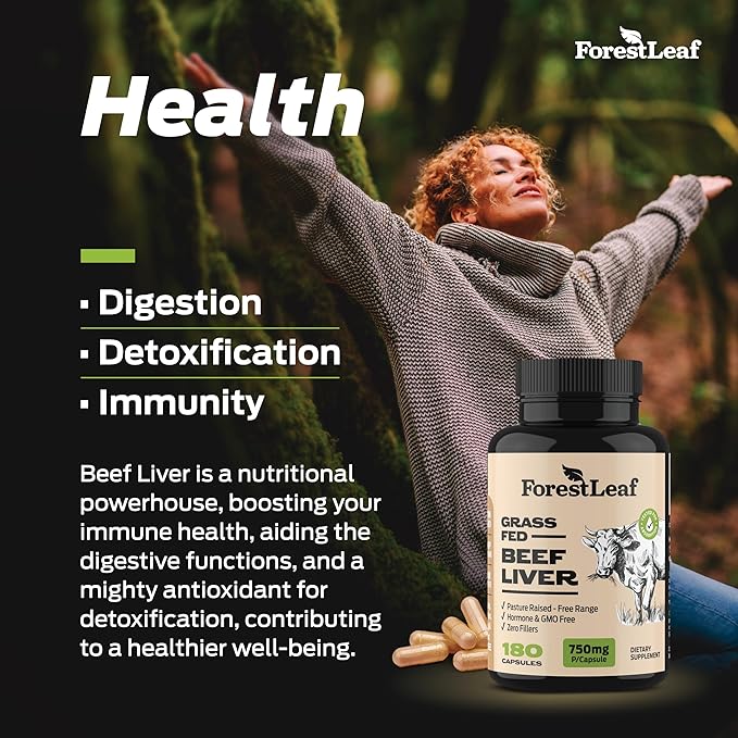 ForestLeaf Grass Fed Beef Liver Capsules, 3000mg Per Serving, Supports Full Immunity & Body Wellnes, Cleansing, Digestion, Natural Iron, Vitamin A and B12, Freeze Dried Beef Liver Supplement, 180 Caps