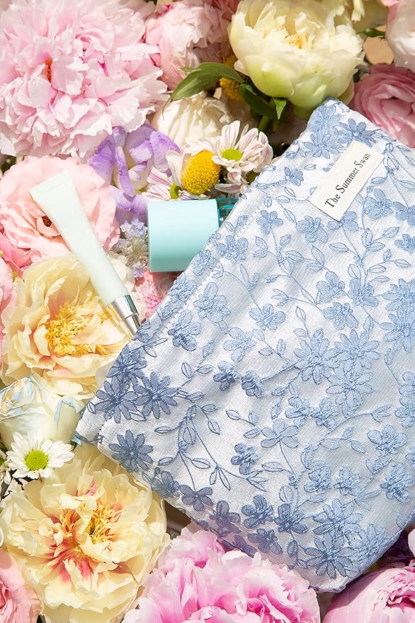 The Summer Swan | Floral Cosmetic Bag|Large Aesthetic Makeup Bag Travel Personal Item Preppy Pouch Skincare (Embroidery Blue)