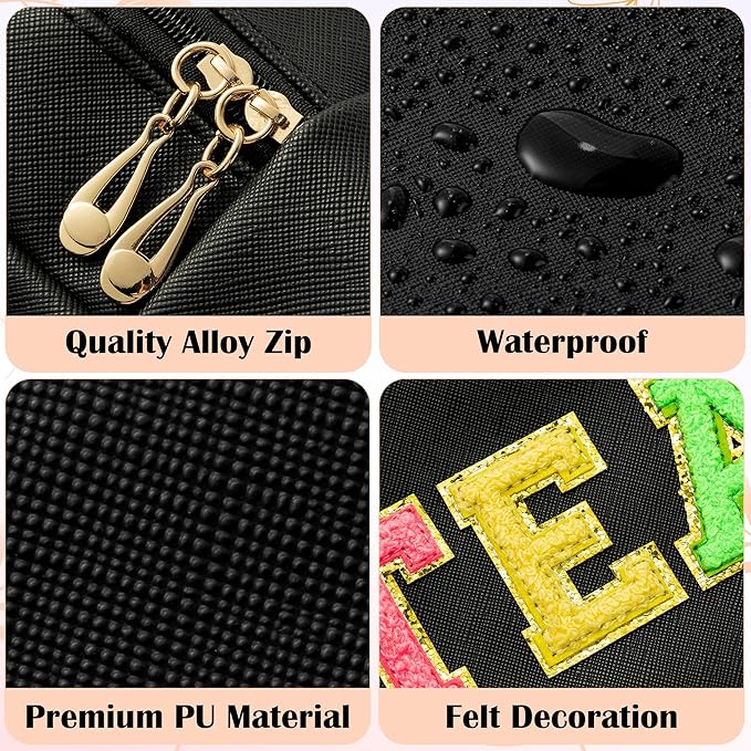 CY2SIDE Colorful TEACH Letter Patch Makeup Bag Black PU Leather Patch Cosmetic Bag with TEACH Chenille Letter for Travel Waterproof Portable Zipper Big Travel Organizer for Teacher Appreciation Gifts