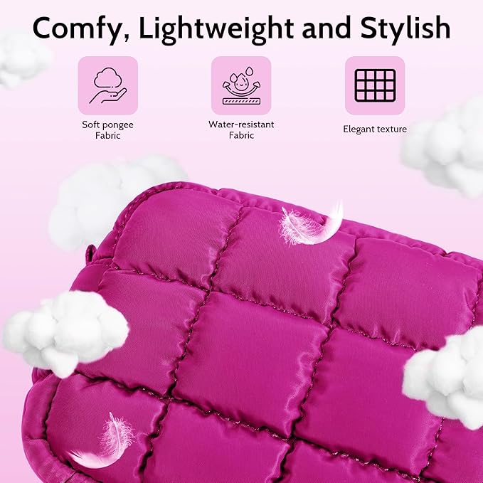 Quilted Cosmetic Bag, Puffer Makeup Bags, Crossbody Purses for women,Cute Travel Toiletry Bag for Women (Rose Red)