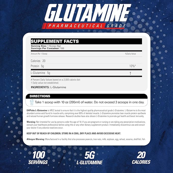 EHP Labs L Glutamine Powder Amino Acids - L-Glutamine, Workout Recovery, Immune Health & Gut Health Support (500g) - 100 Servings